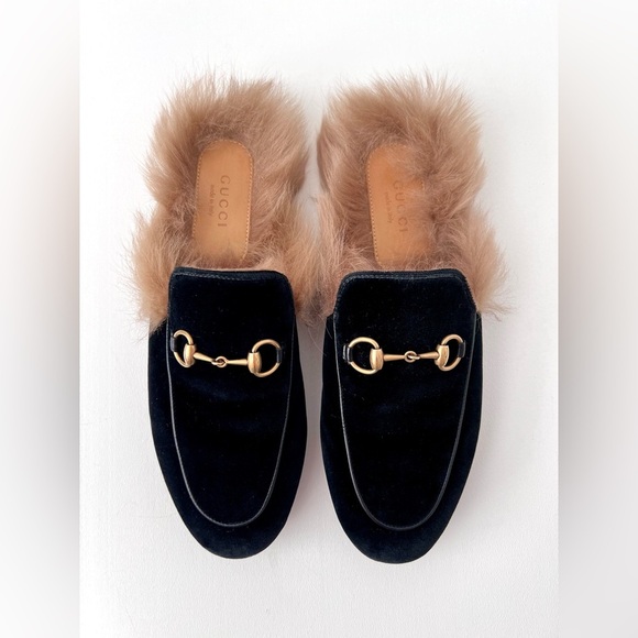 GUCCI || Princetown Fur Black Velvet Horsebit Mules Flats Slides Slippers US 7 - Picture 4 of 9